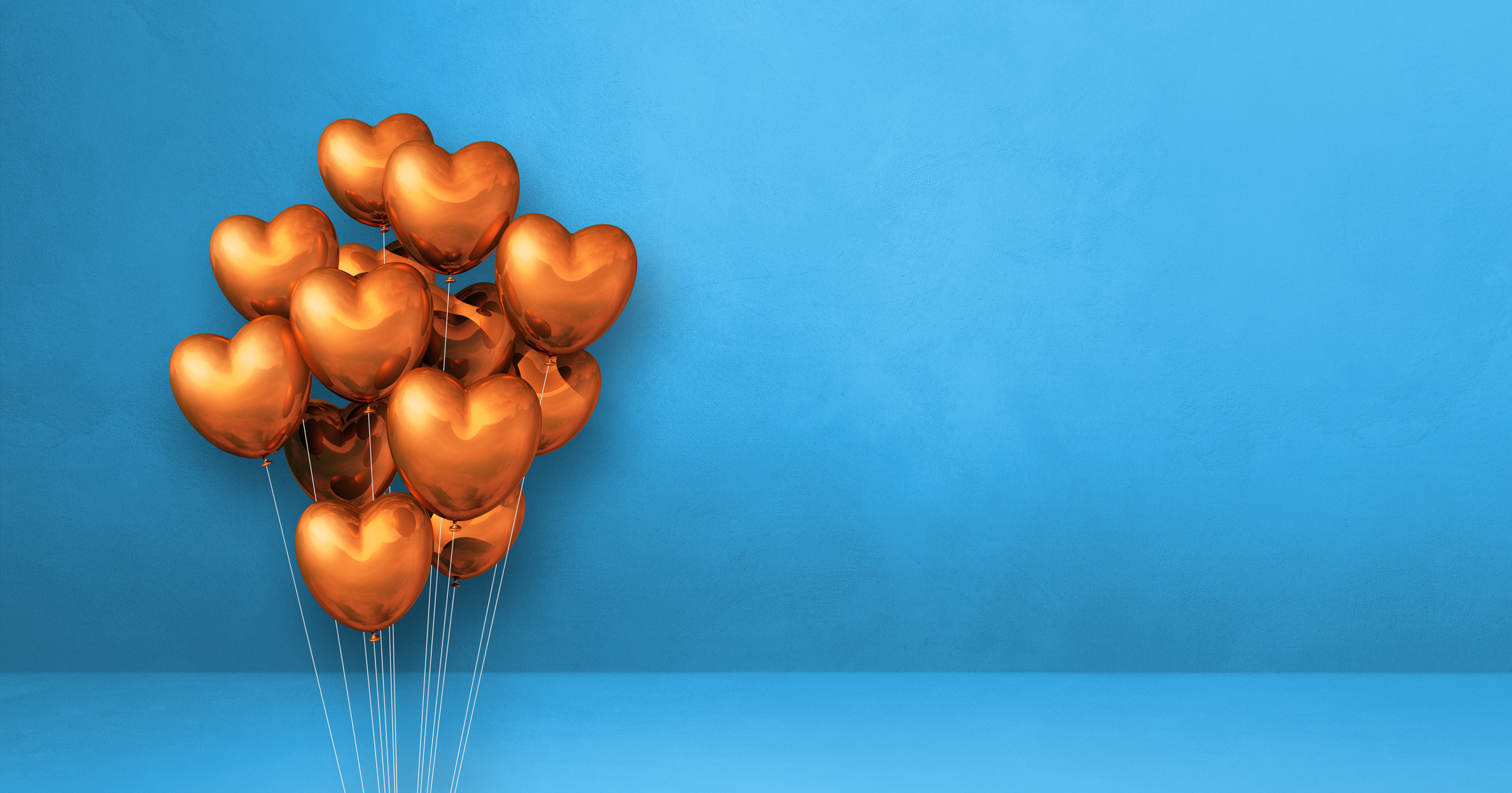 Copper Heart Shape Balloons Bunch on a Blue Wall Background. Hor